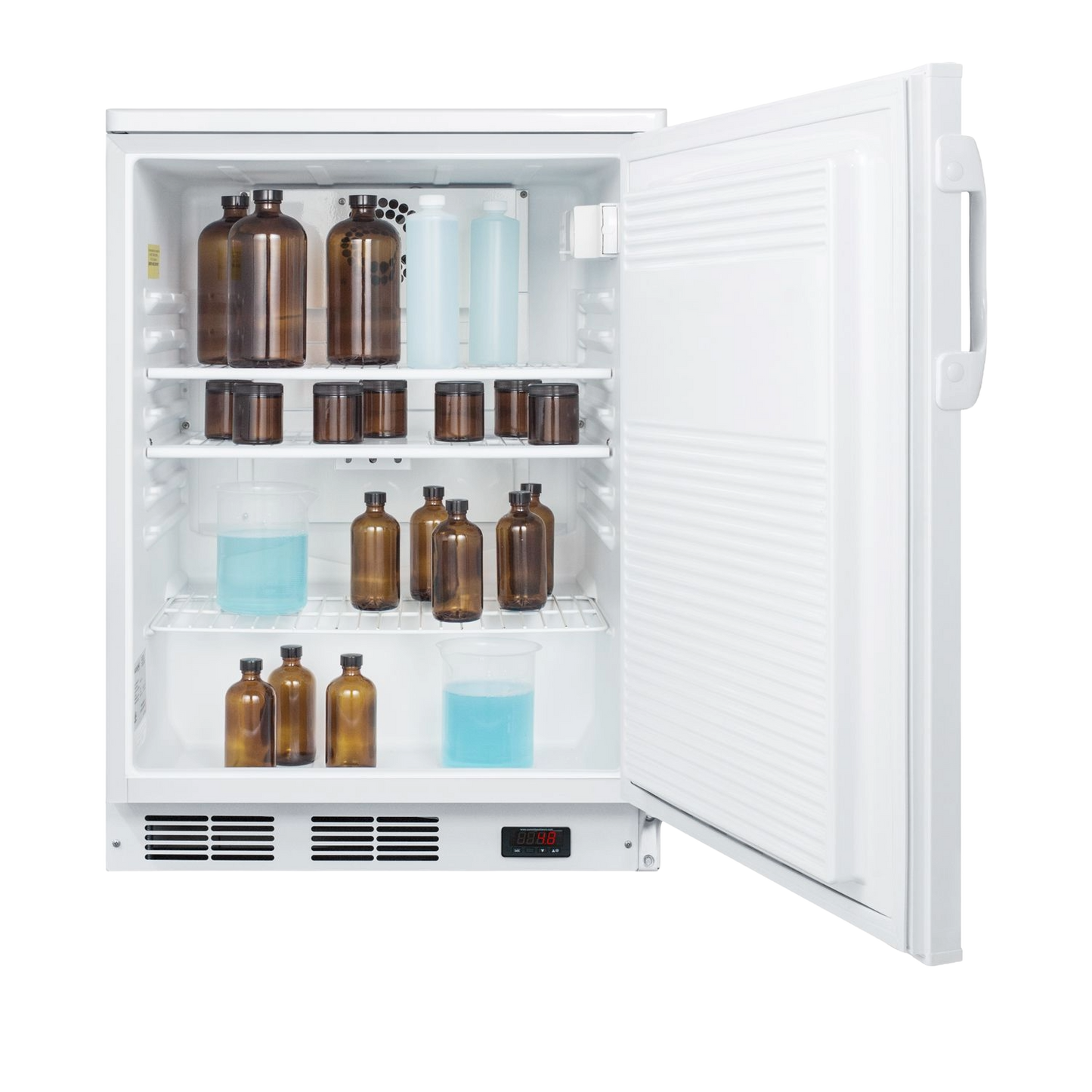 White freestanding 24-inch refrigerator with open door showing shelves stocked with amber and clear bottles in kitchen appliances collection