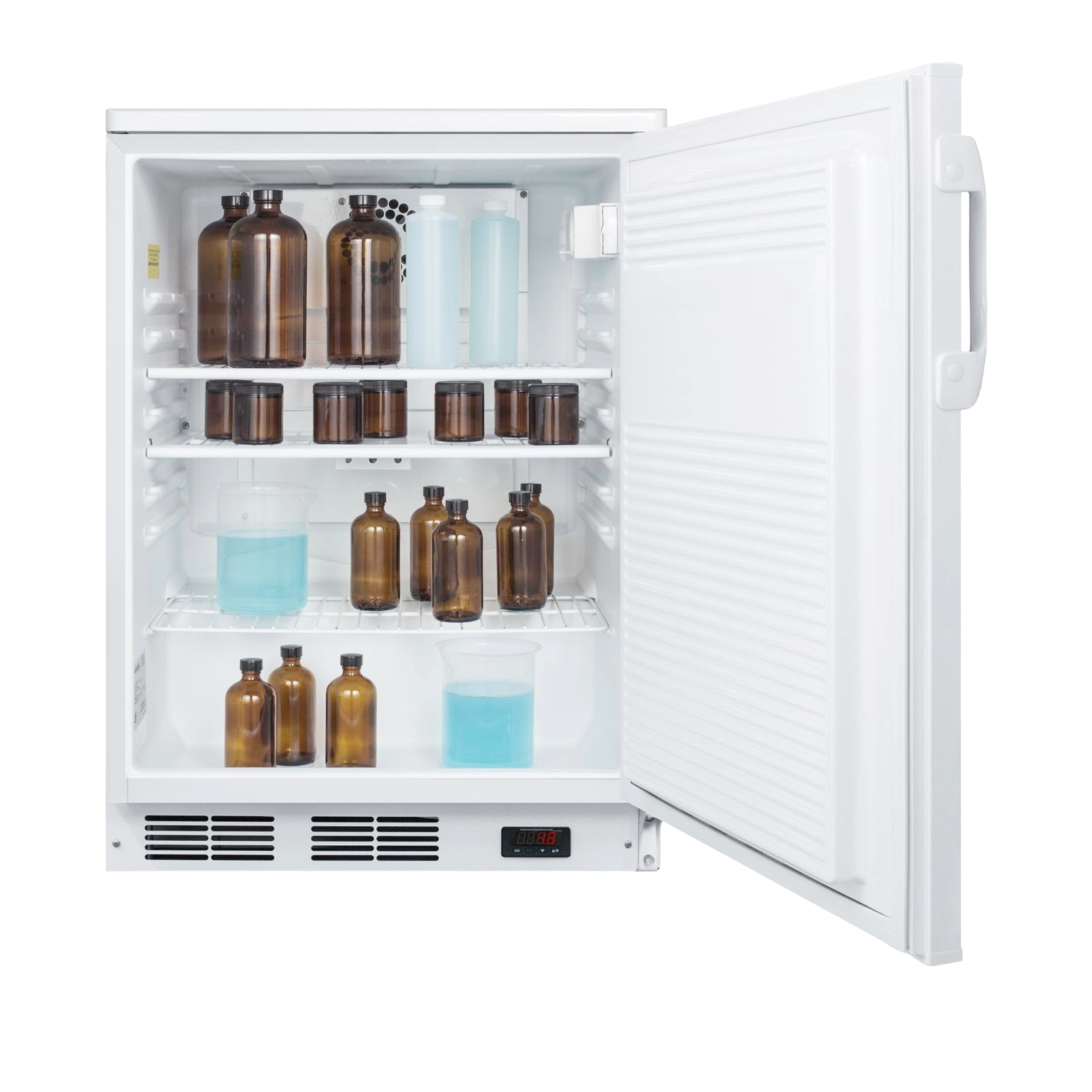 White freestanding 24-inch refrigerator with open door showing shelves stocked with amber and clear bottles in kitchen appliances collection