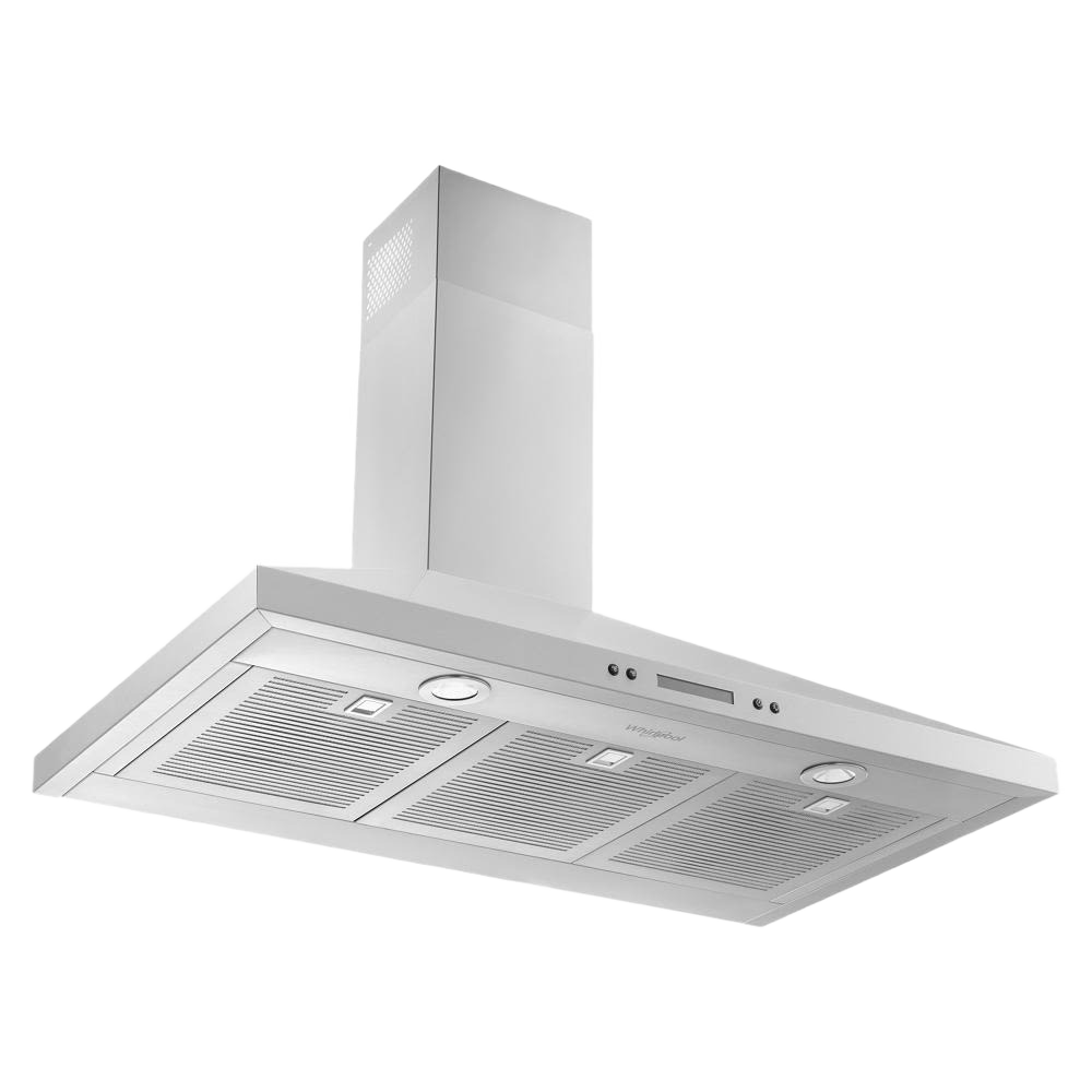 Stainless steel 36-inch chimney style wall mount range hood with dishwasher-safe grease filters and LED lighting