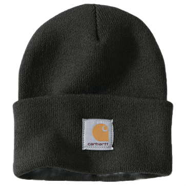Black thick acrylic rib knit cuffed beanie with a small square logo patch, a versatile accessory in clothing and scarves & hats collections.
