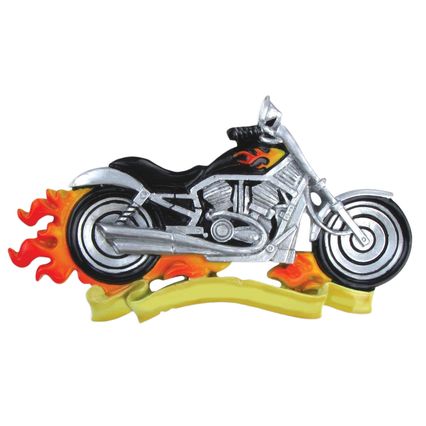 Silver and black motorcycle ornament with flame accents and customizable yellow banner for Christmas Ornaments & Tree Decorations collection