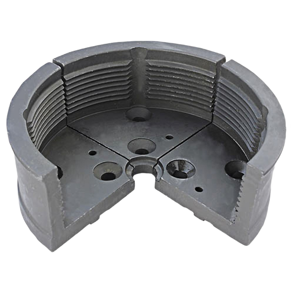 Segmented serrated metal chuck jaw with threaded interior for secure gripping in tools and home improvement tasks