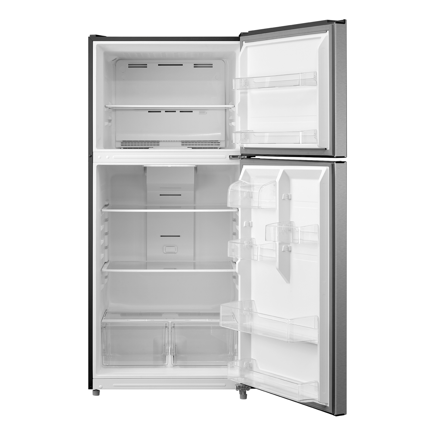 Open stainless steel top freezer refrigerator showing adjustable glass shelves and clear door storage bins