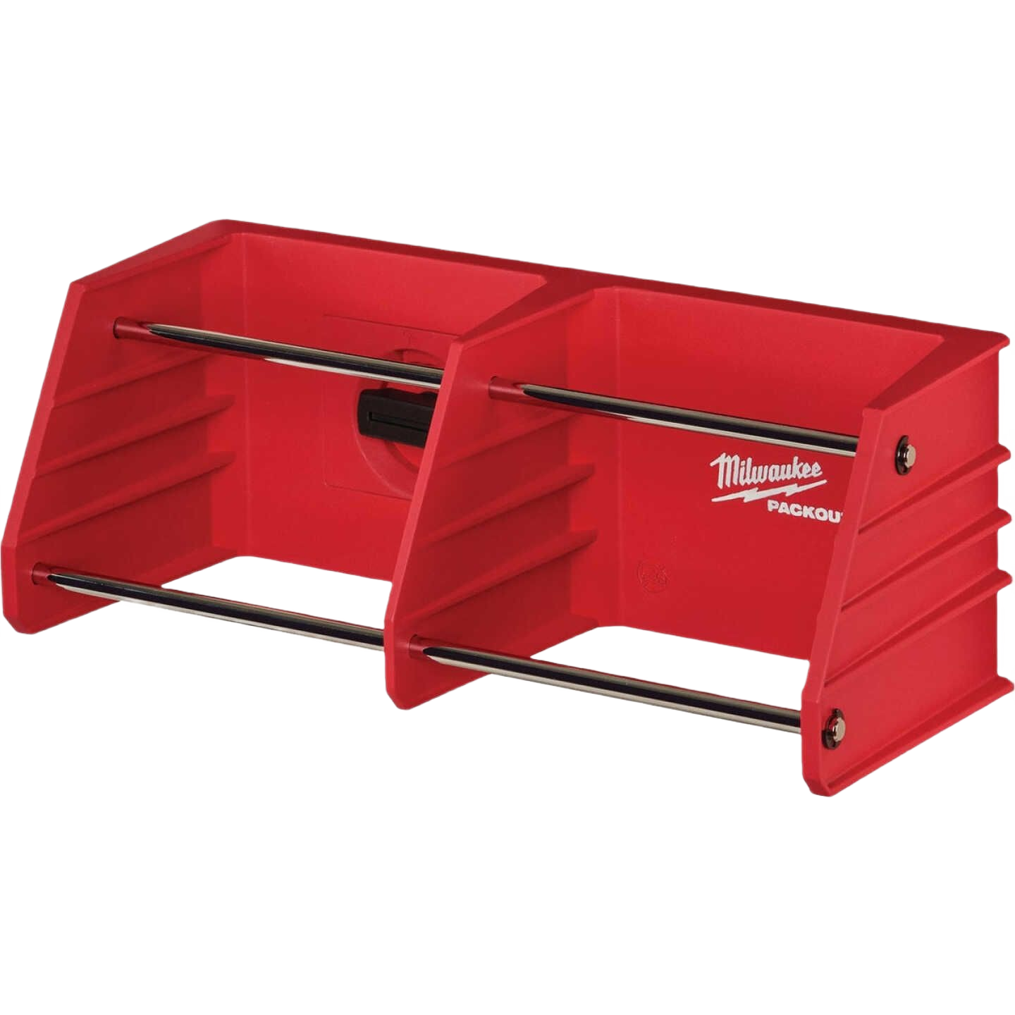 Red modular tool rack with metal support rods for organizing tools in home improvement projects
