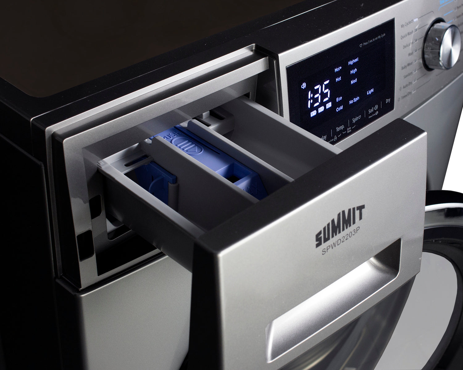 Close-up of platinum finish washer dryer combo detergent drawer and digital control panel with cycle settings visible