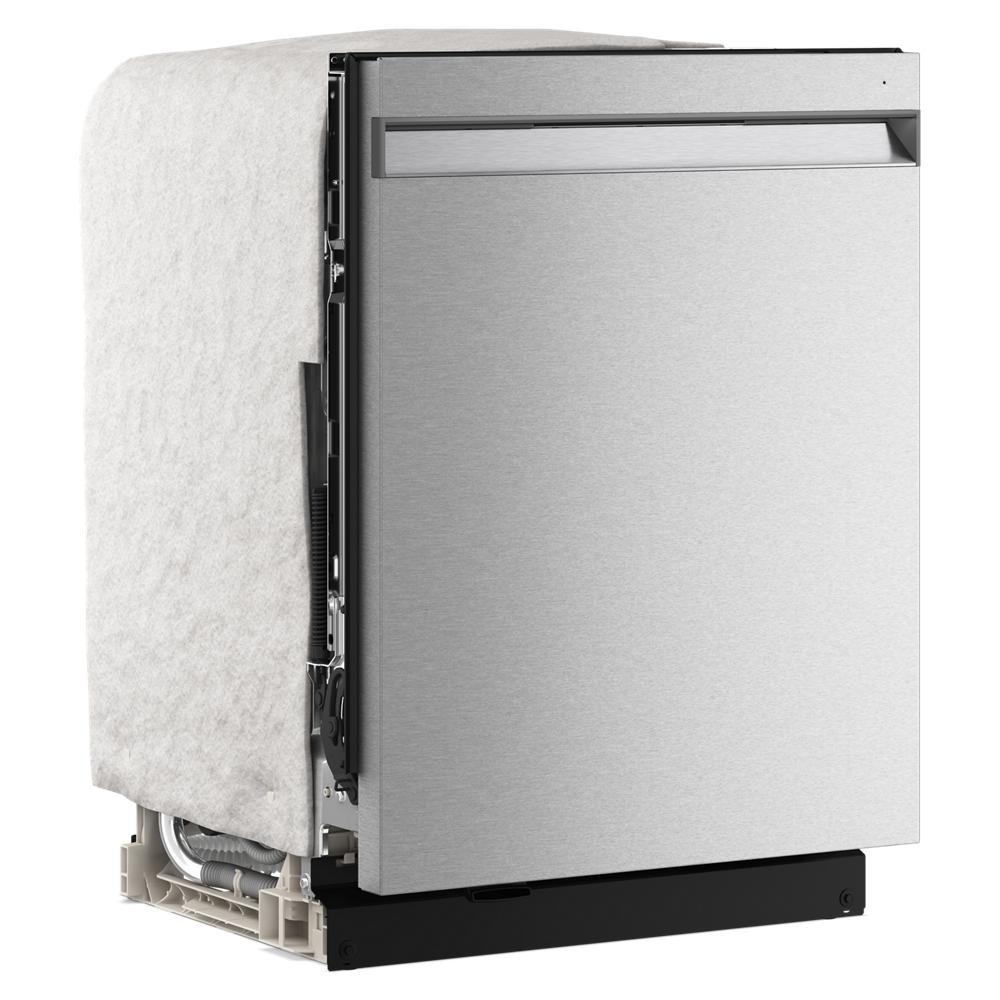 Unfinished stainless steel dishwasher with pocket handle partially wrapped in protective covering from KitchenAid appliances collection
