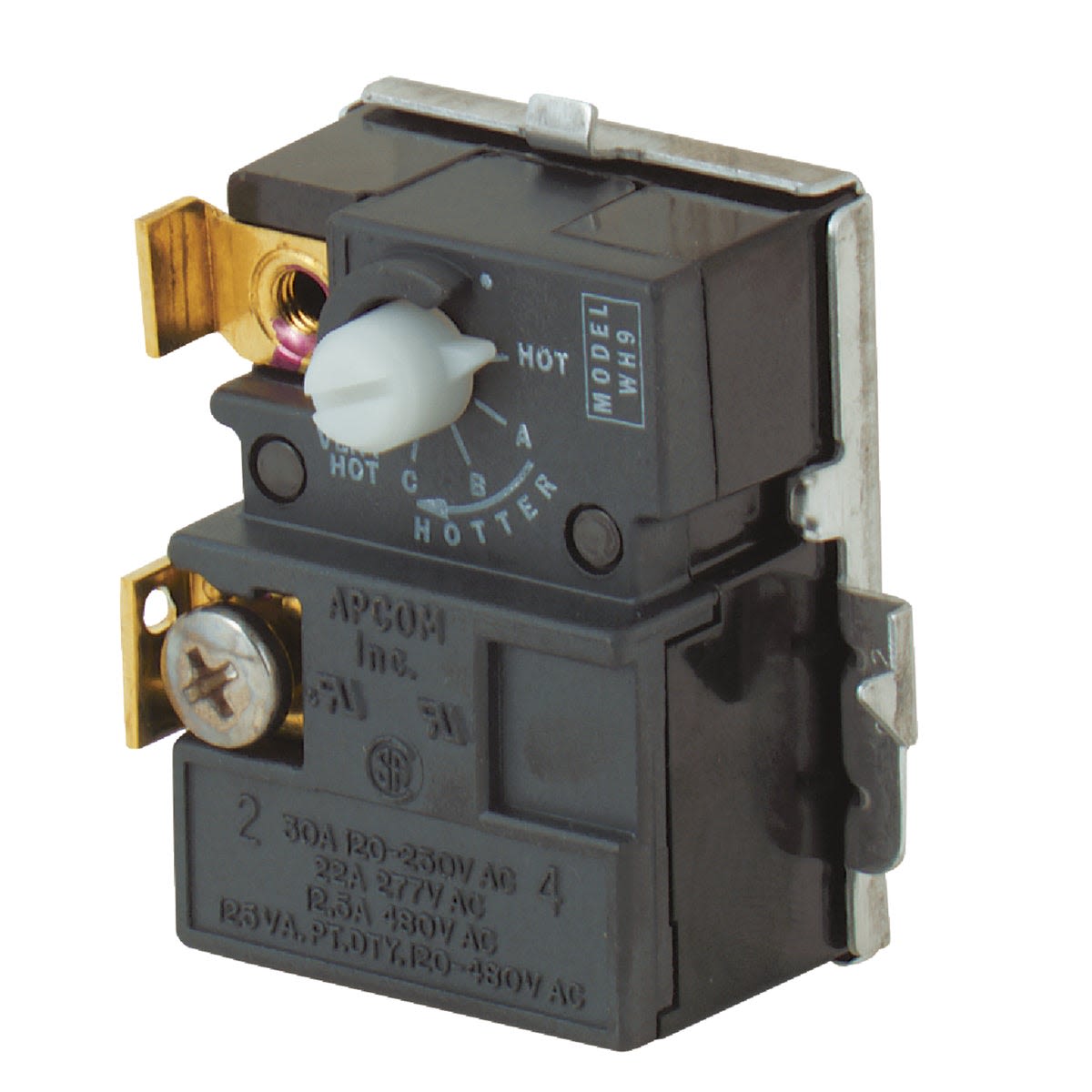 Black electric water heater thermostat with white dial and metal terminal connectors for home improvement use
