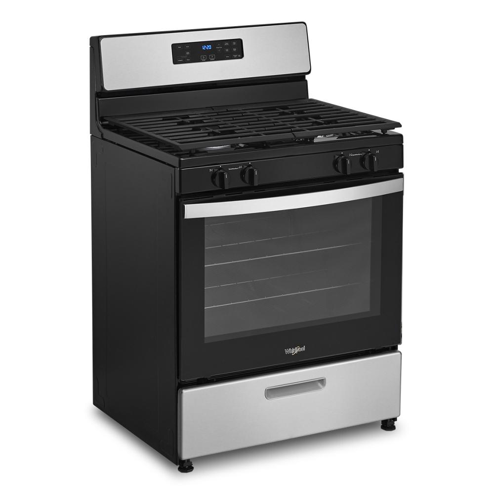 freestanding gas range with stainless steel accents, control knobs, digital display, and broiler drawer for kitchen appliances