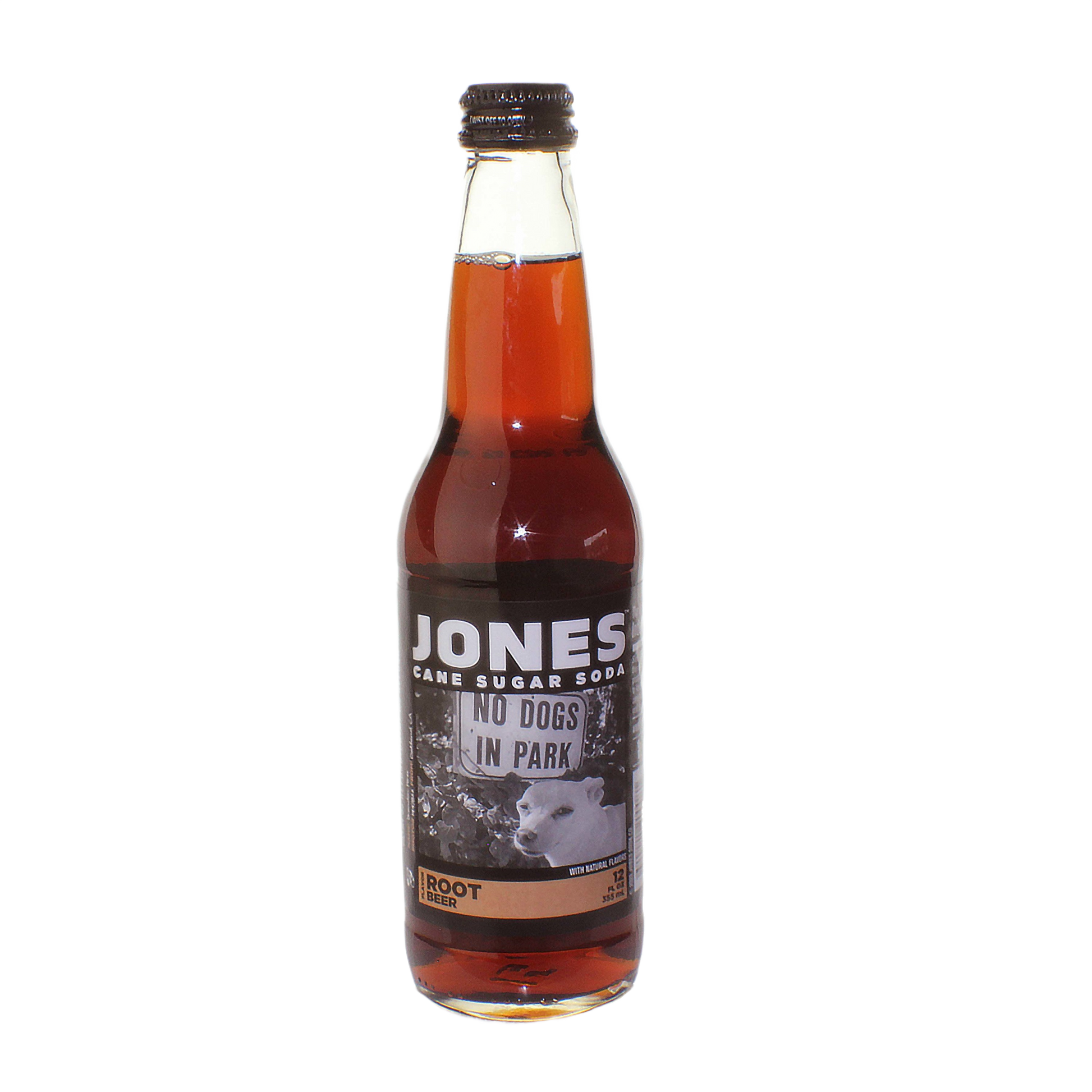 Glass bottle of Jones Root Beer made with cane sugar, suitable for Drinks and Food & Beverage collections under $50