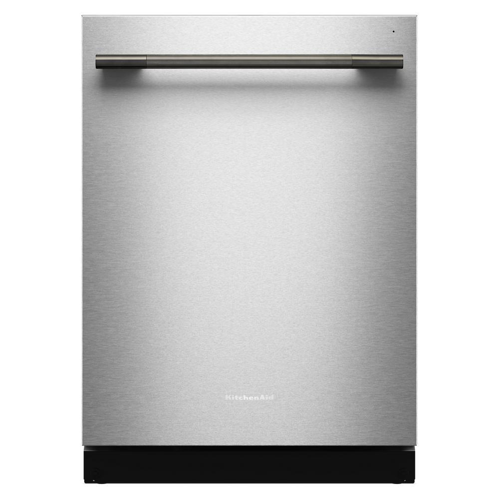 Stainless steel dishwasher with sleek bar handle and minimalist front design in KitchenAid appliances collection