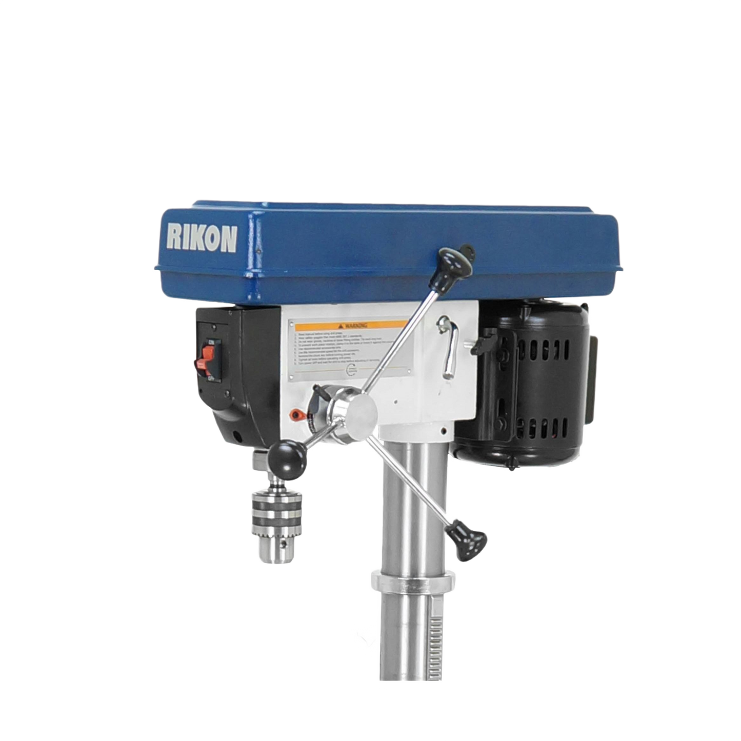 Compact blue and silver drill press head with adjustable spindle and motor for precision home improvement tasks