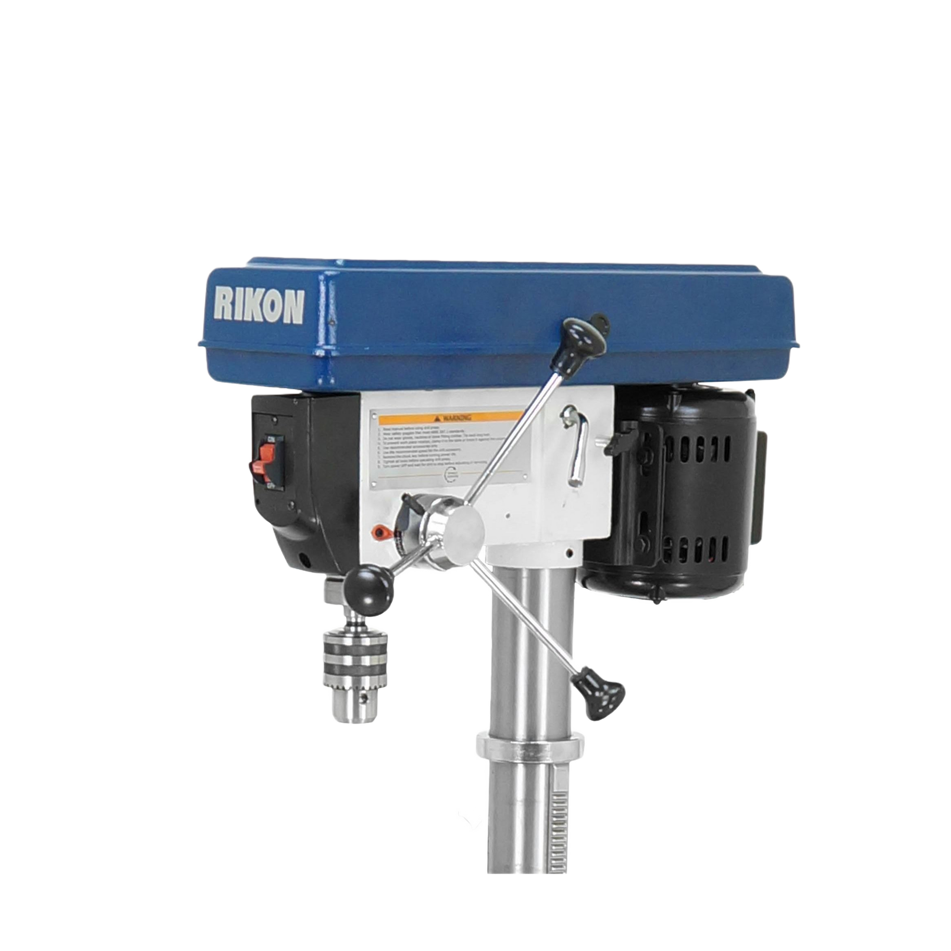 Compact blue and silver drill press head with adjustable spindle and motor for precision home improvement tasks