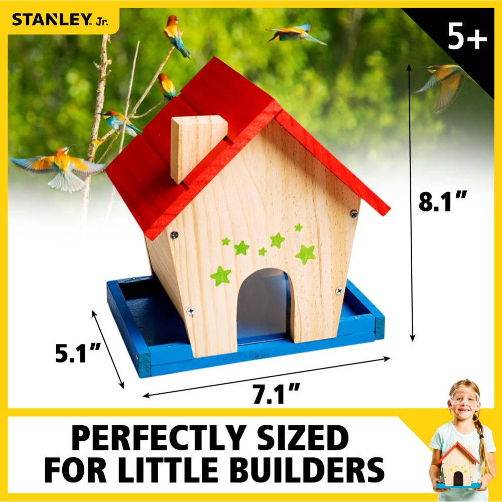 Wooden bird feeder with red roof, blue base, green star decorations, sized for children’s DIY home improvement projects