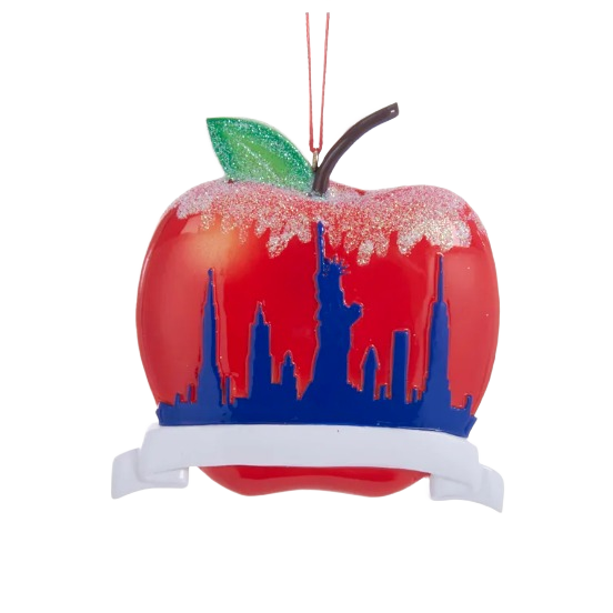 Red apple ornament with glitter and blue New York City skyline silhouette for Christmas tree decoration under $50