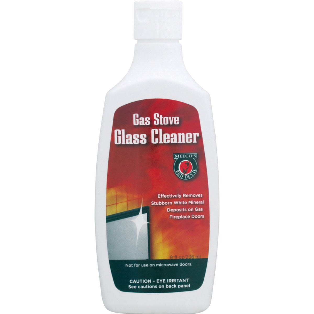 Bottle of red and white Meeco's Red Devil gas stove glass cleaner for plumbing and home improvement use collections