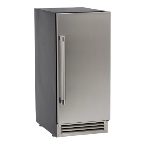 Freestanding stainless steel built-in ice maker with vertical handle and vented base in appliances collection