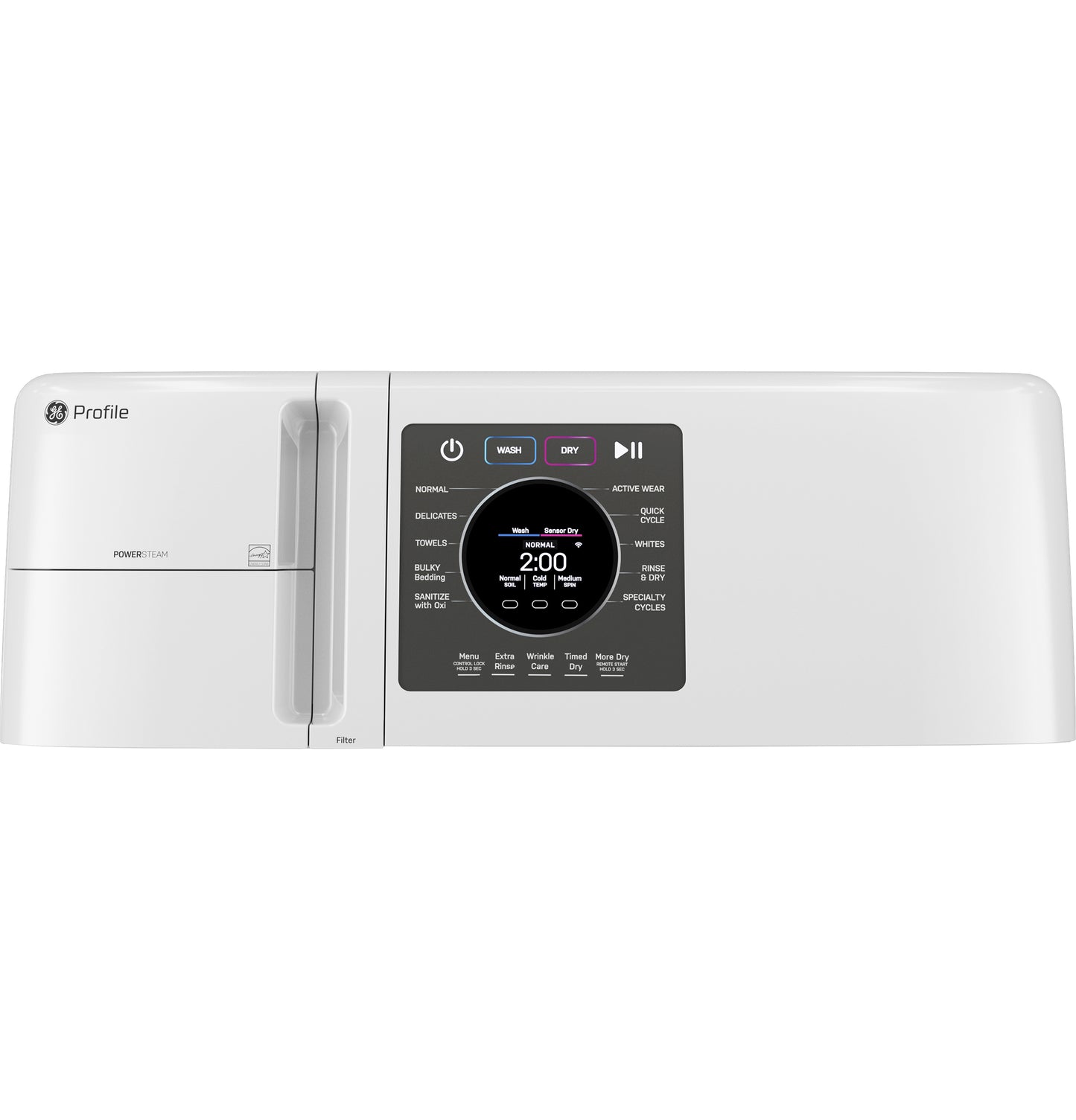 Control panel of white GE Profile ultra-fast combo washer/dryer with digital display in Washers & Dryers collection