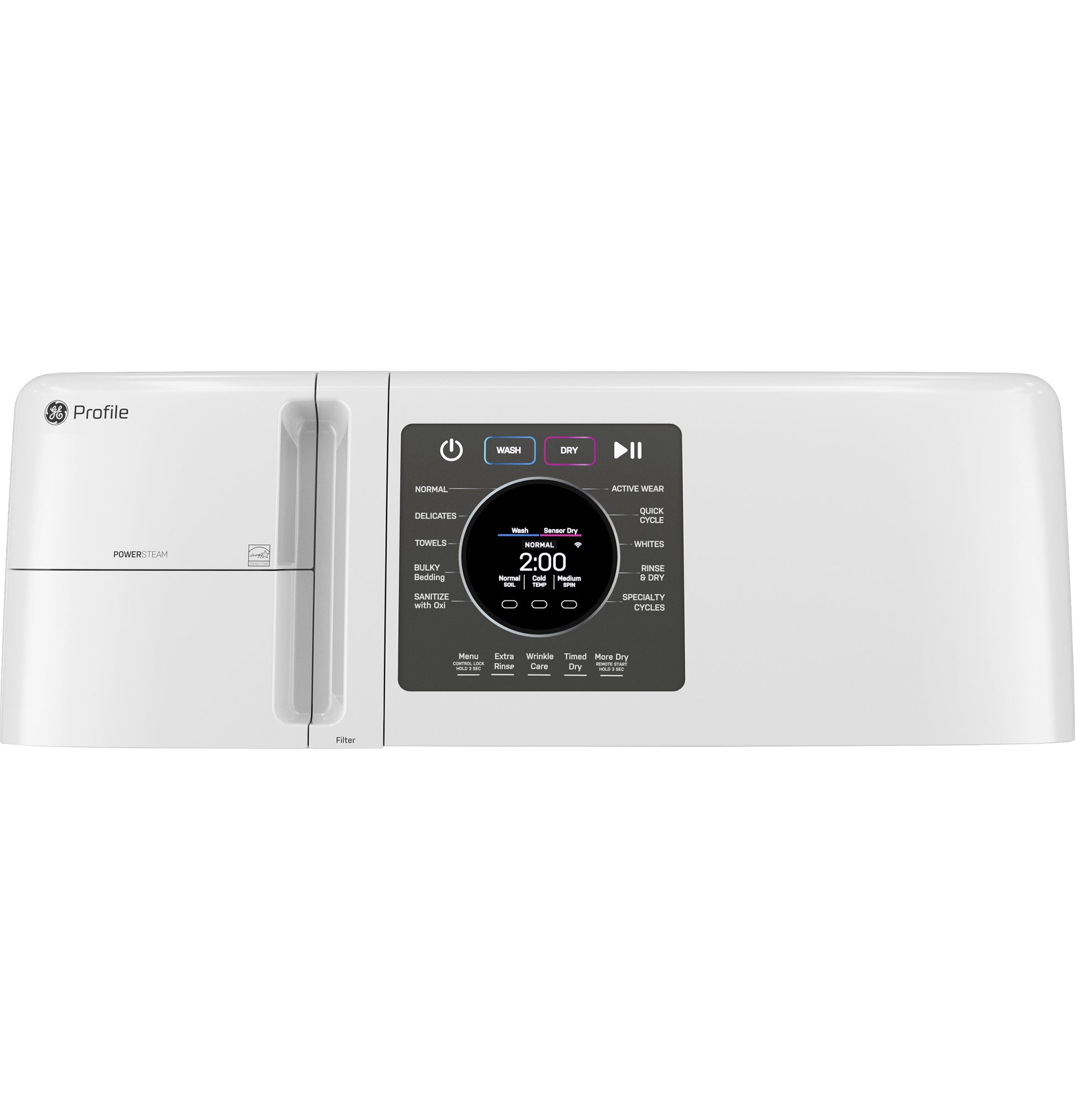 Control panel of white GE Profile ultra-fast combo washer/dryer with digital display in Washers & Dryers collection