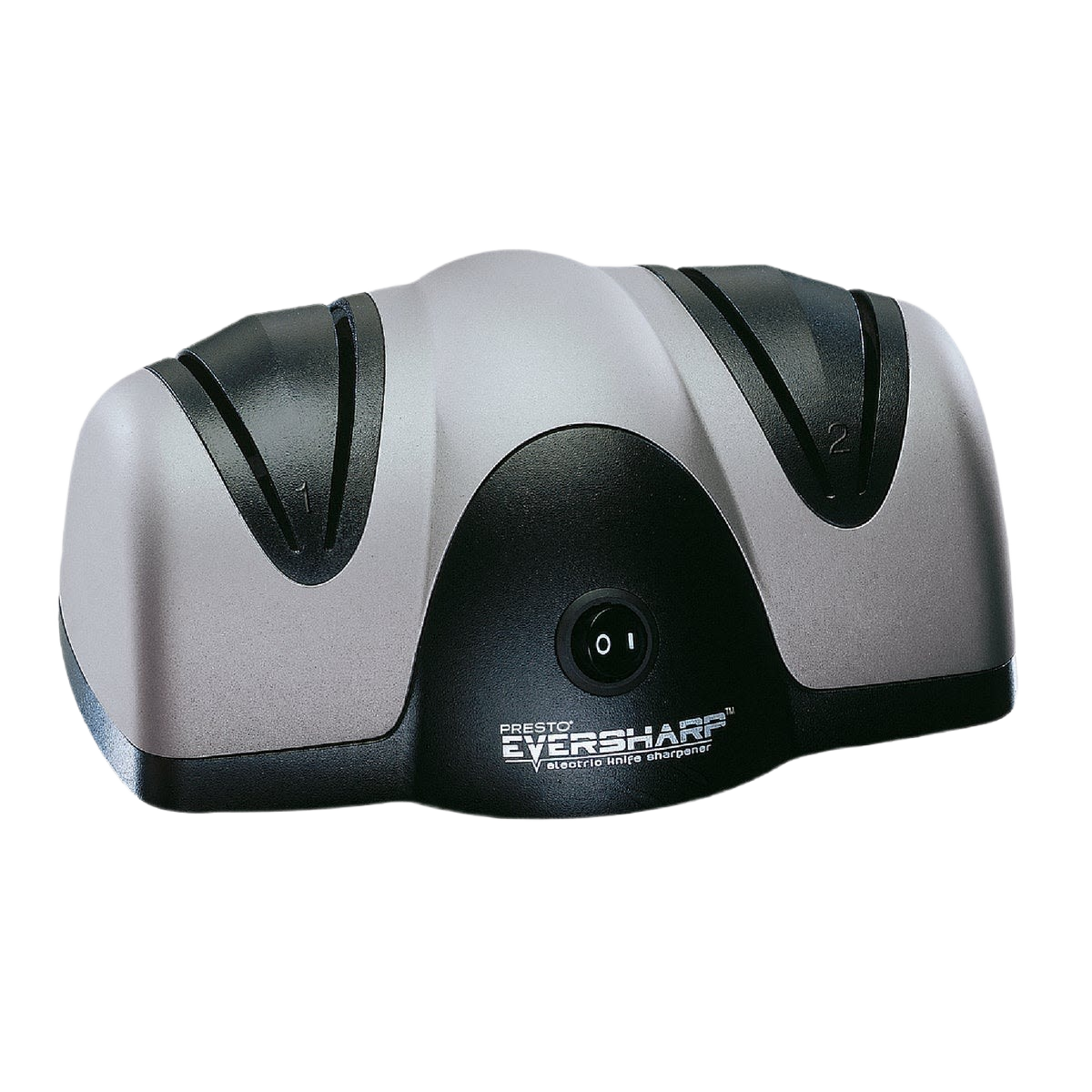 Compact electric knife sharpener with two sharpening slots for kitchen and cooking utensils in silver and black design
