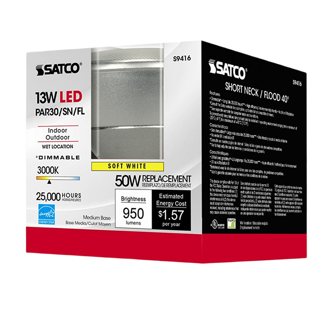 Box of Satco short neck LED flood light bulb with soft white 3000K color and dimmable feature for indoor and outdoor use