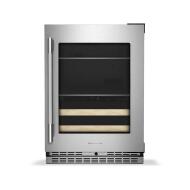 Undercounter beverage center with stainless steel frame, glass door, and wood-front racks in KitchenAid appliances collection