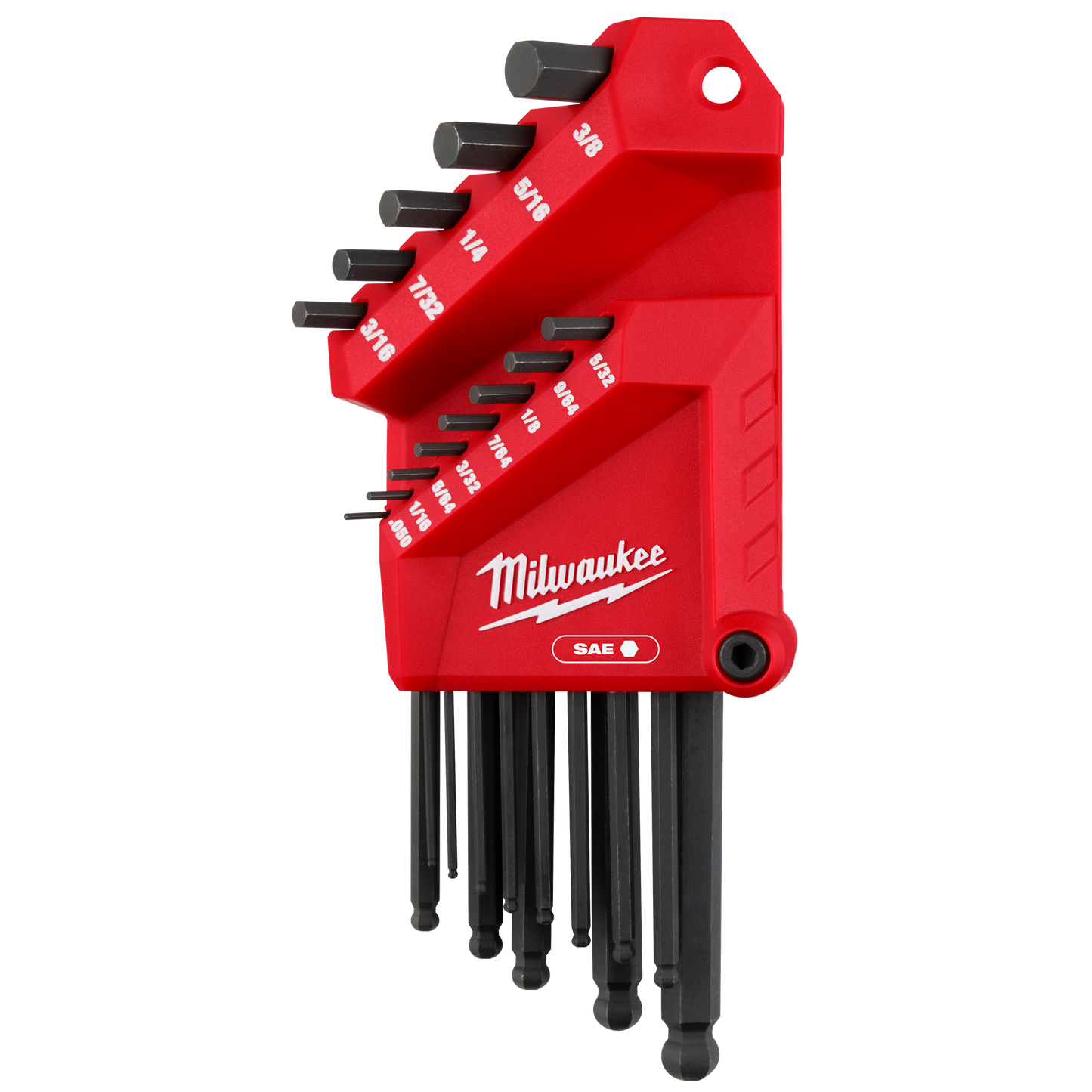 Red Milwaukee 13-piece SAE ball end L-key set with black hex keys organized in a compact holder for home improvement tools use