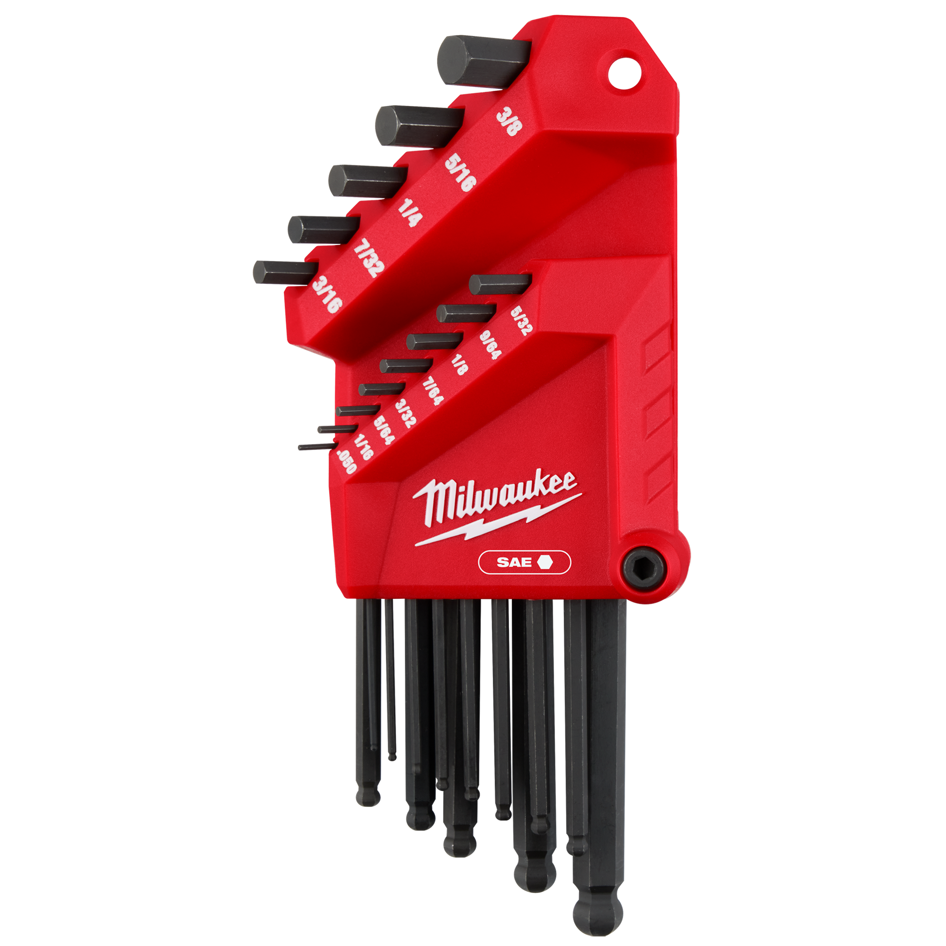 Red Milwaukee 13-piece SAE ball end L-key set with black hex keys organized in a compact holder for home improvement tools use