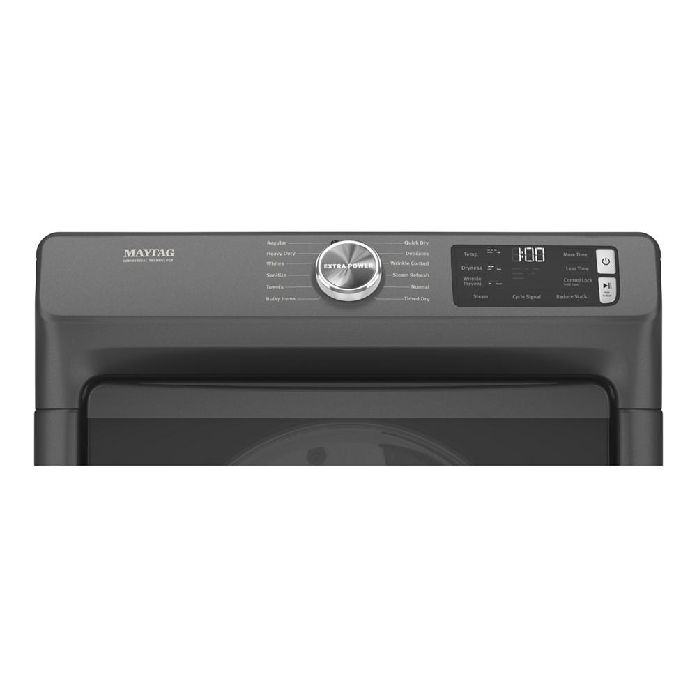 Control panel of a dark gray front load electric dryer with digital display, dial selector, and quick dry cycle options