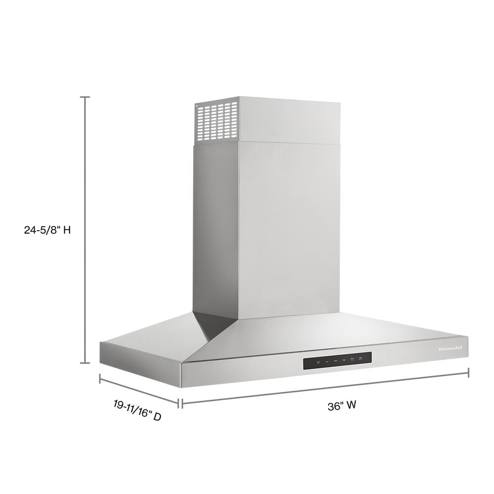 Stainless steel wall-mount canopy hood with digital controls and dimensional measurements in kitchen appliance collection