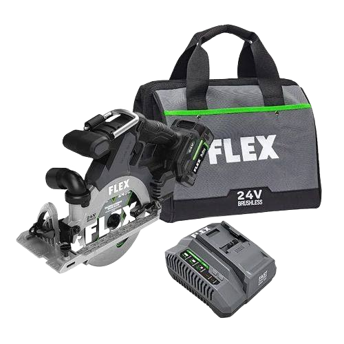 Cordless brushless circular saw with rechargeable battery, charger, and branded carrying bag for home improvement tasks