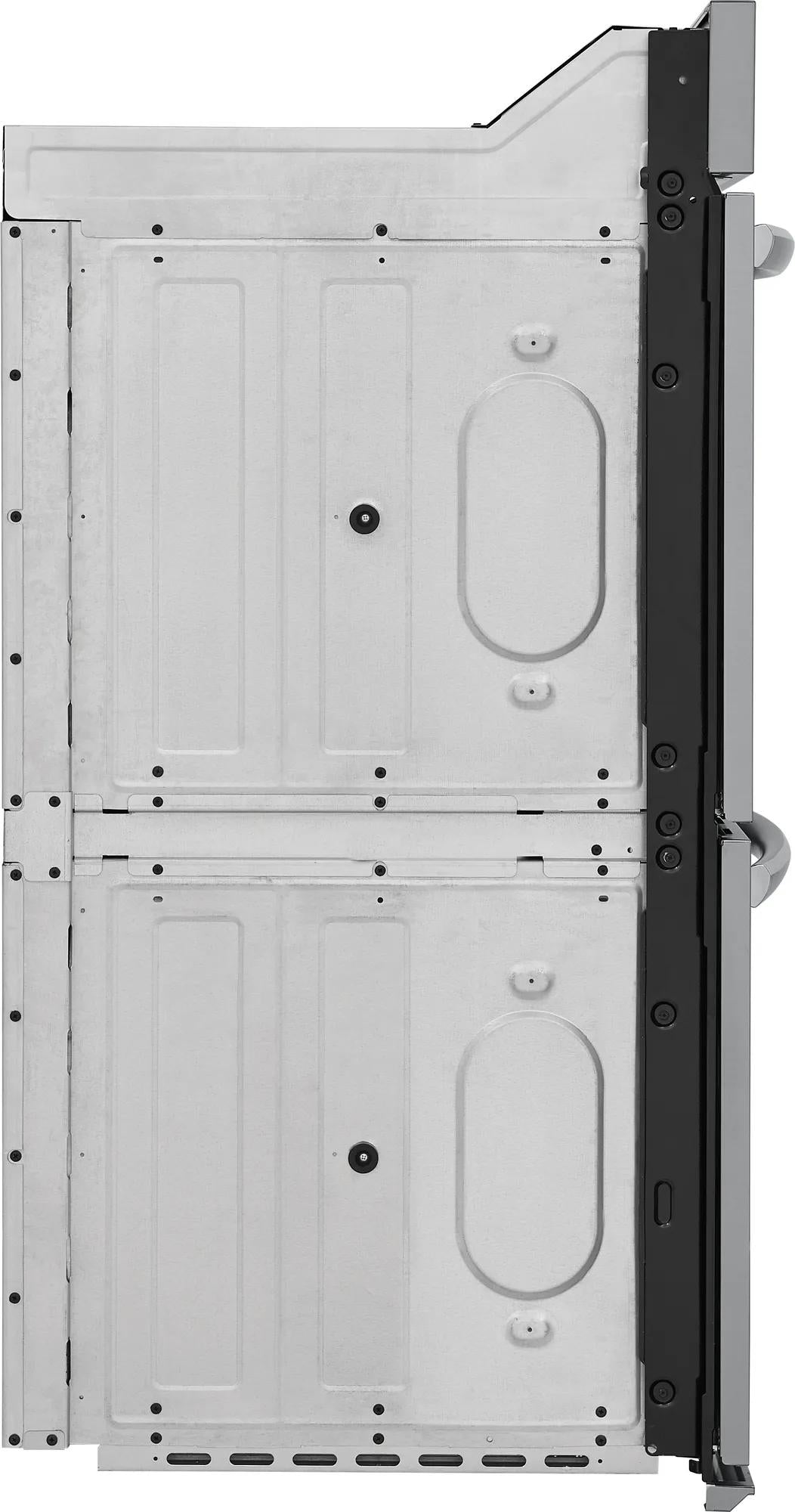 Back view of a metal 27-inch double electric wall oven with visible screws and black side trim in appliances collection