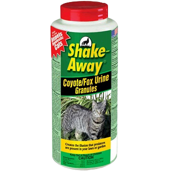 Container of Shake Away granules using predator scent to repel cats in lawn and garden pest control collections
