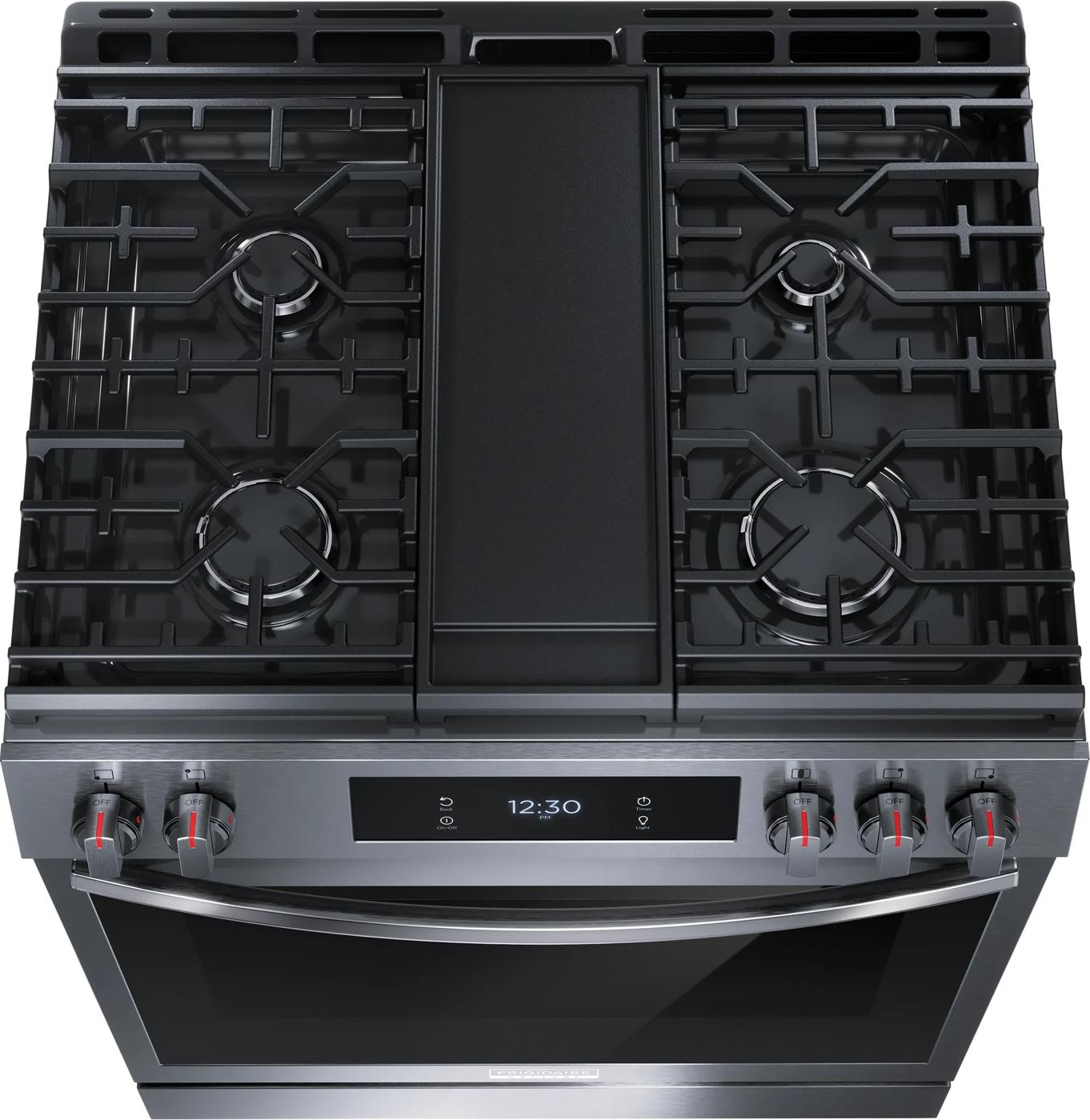 30" front control gas range with total convection, five burners, digital display, and stainless steel finish for kitchens