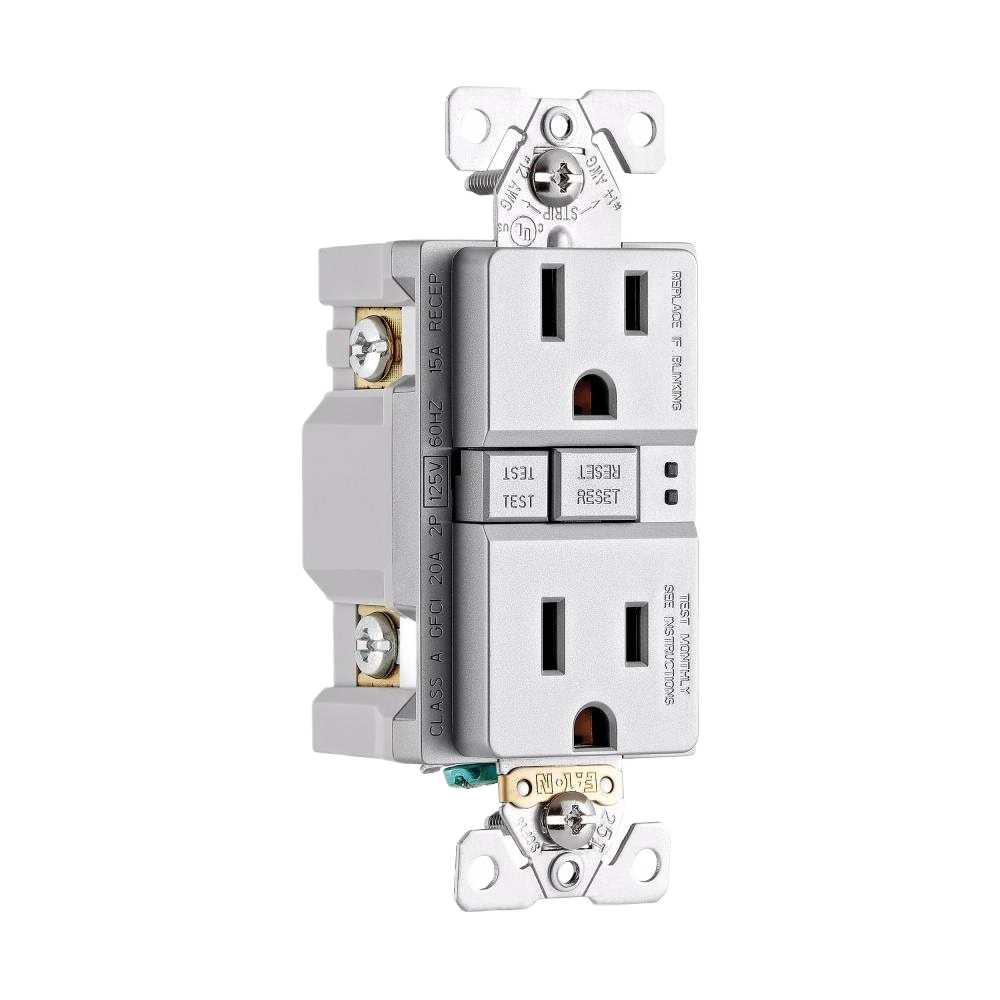 Silver granite GFCI duplex outlet with test and reset buttons, part of electrical and home improvement tools under $50 collection