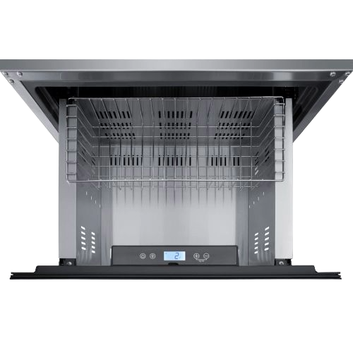Open 24-inch two-drawer all-freezer with digital display and wire basket, part of kitchen and freezer appliances collection