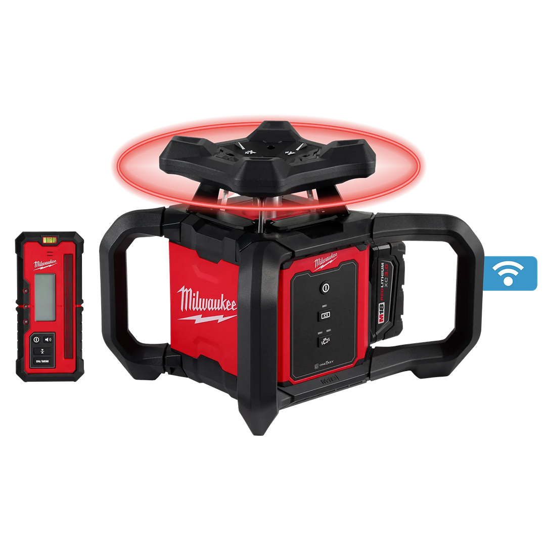 Red and black Milwaukee rotary laser level kit with receiver for precise outdoor leveling and home improvement tasks