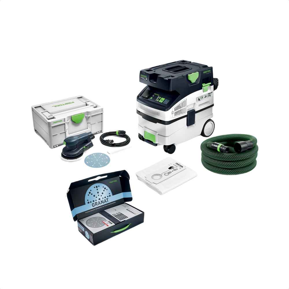 Festool professional sanding set with power sander, dust extractor, hose, sanding discs, and storage boxes for woodworking tools