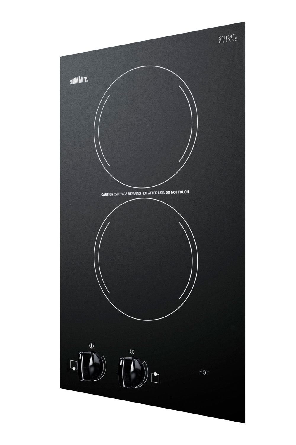 Sleek black radiant cooktop with two burners, control knobs, and smooth glass surface for modern kitchen use