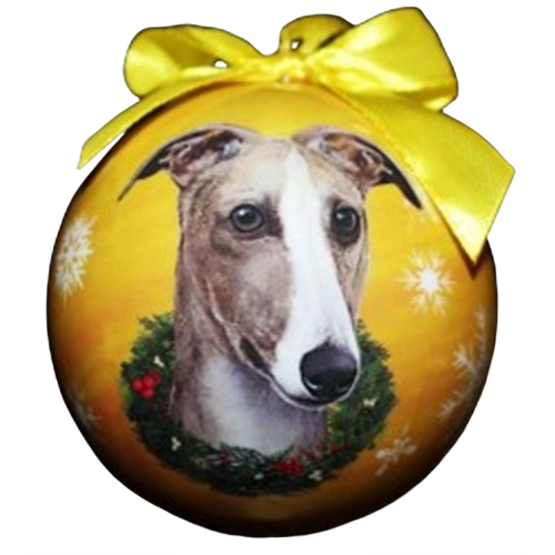 Yellow Christmas ball ornament featuring a fawn and white greyhound with wreath and yellow bow decoration