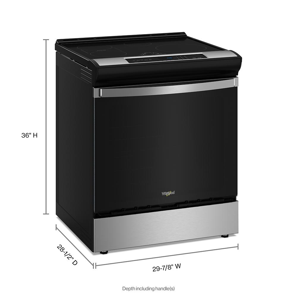 Black and stainless steel 30-inch induction range with no preheat air fry and digital touch controls from Whirlpool Ranges collection