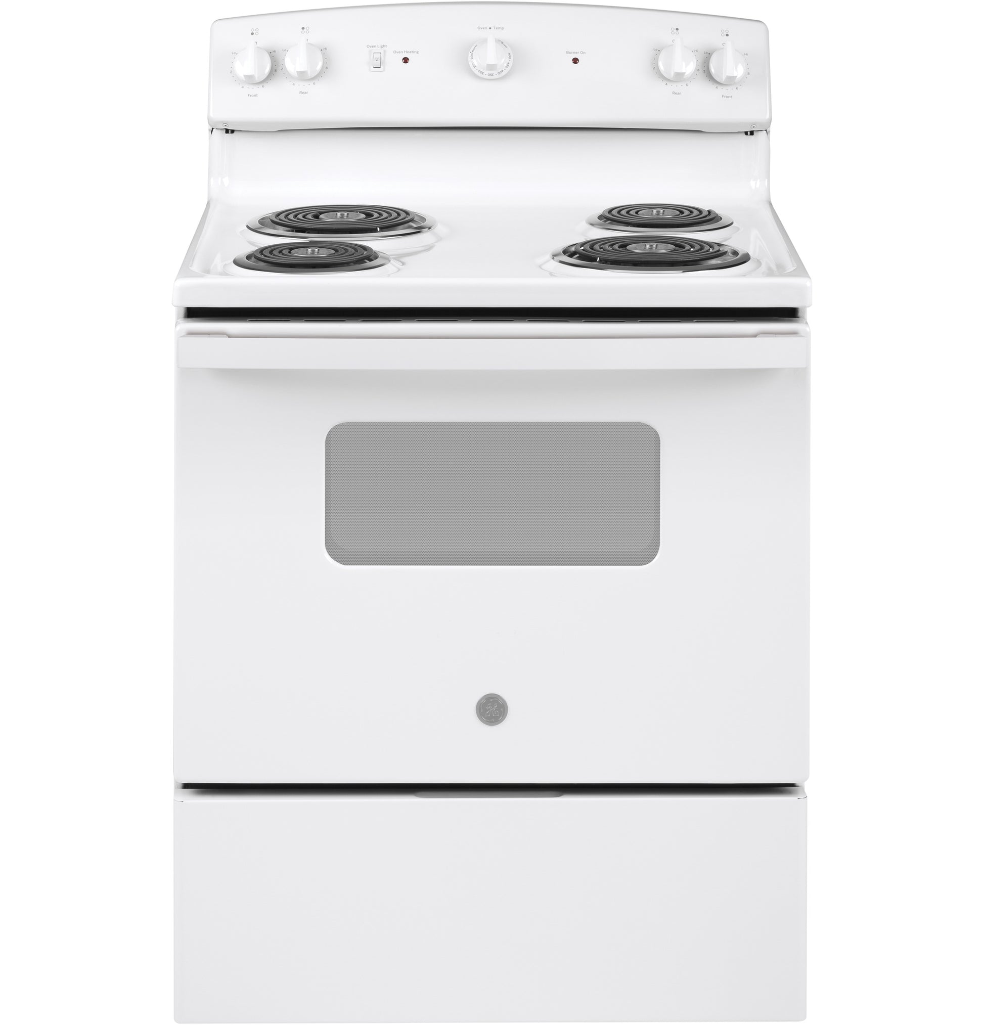 White freestanding electric range with four coil burners and front oven window in kitchen appliances collection