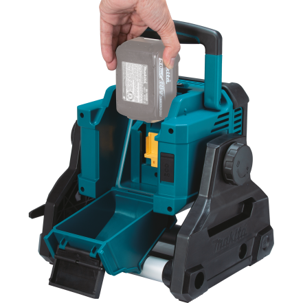 Teal and black cordless and corded work light with removable battery compartment for Makita lighting and tools collections