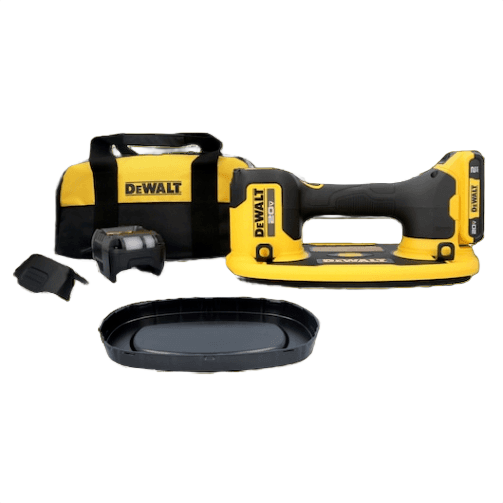 Cordless yellow and black lifter kit with carrying bag, charger, and accessories for tools and home improvement tasks