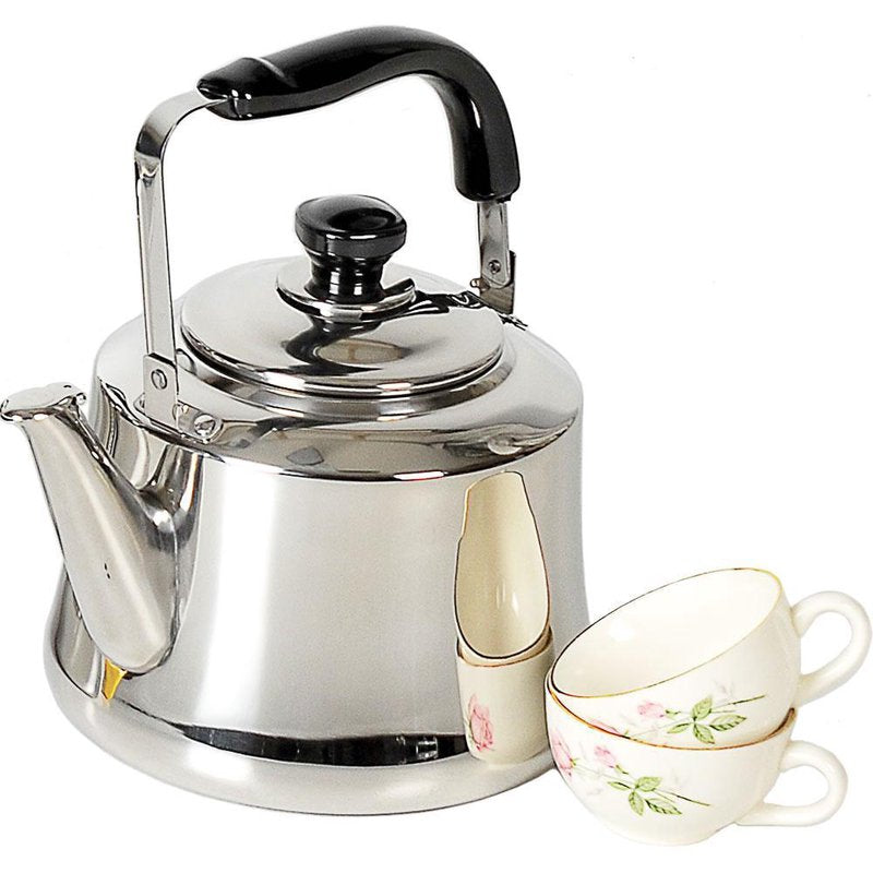 Stainless steel kettle with black handle beside two white floral teacups for Drinks and Food & Beverage collections under $50