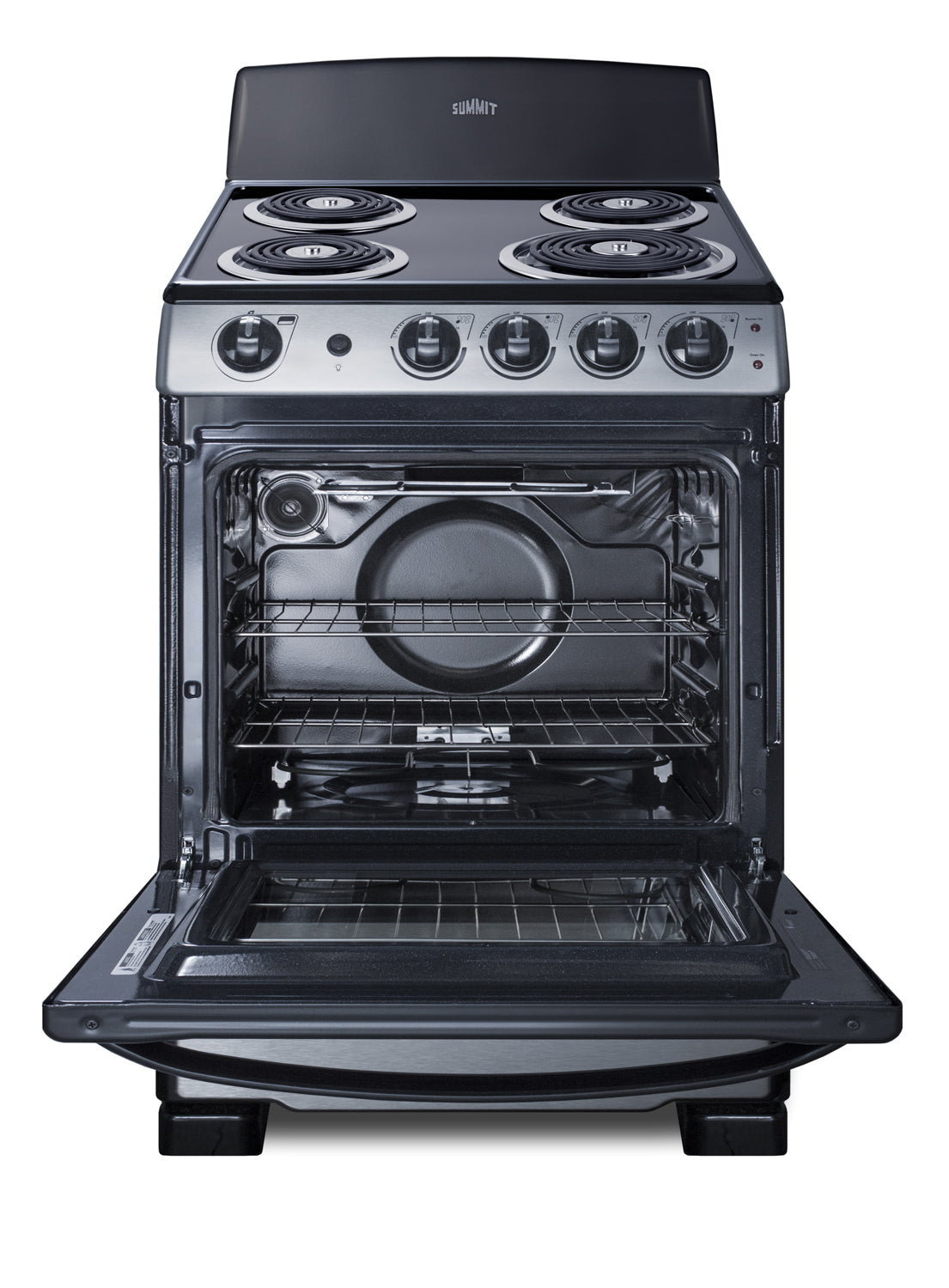 Open electric coil range in black and stainless steel with control knobs and oven racks visible inside