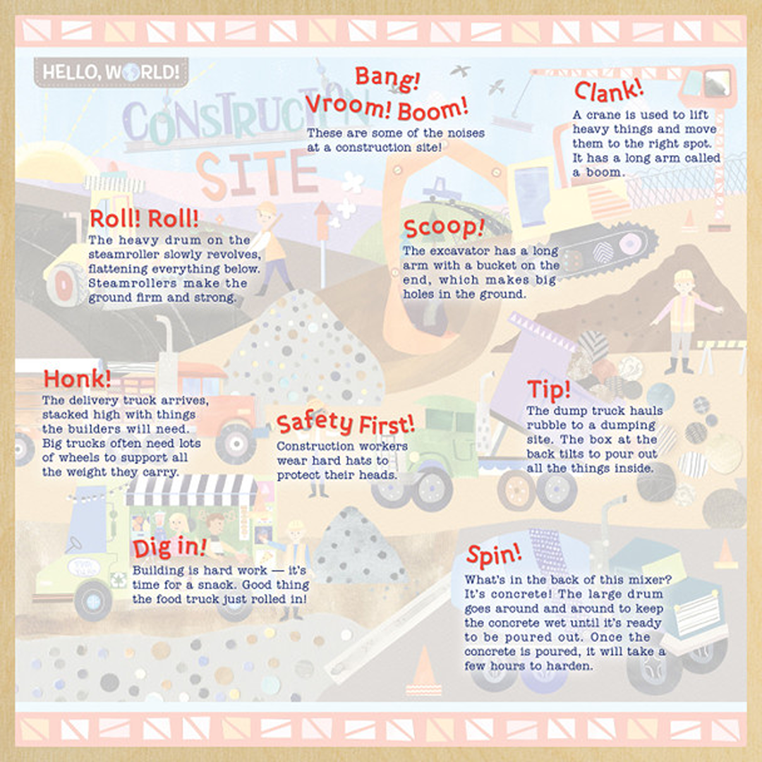Illustrated construction site with labeled trucks, equipment, and fun facts designed for kids’ interactive learning puzzle.