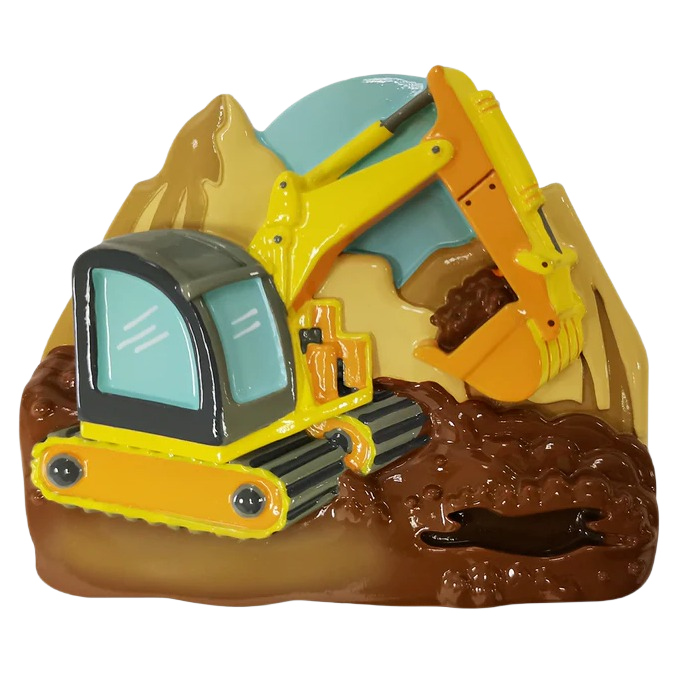 Bright yellow excavator digging soil in front of mountain backdrop for Christmas Ornaments & Tree Decorations collection under $50