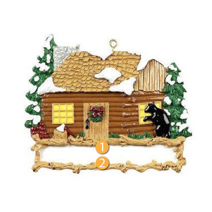 Hand-painted log cabin ornament with snowy roof, pine trees, and black bear for Christmas tree decoration under $50 collection