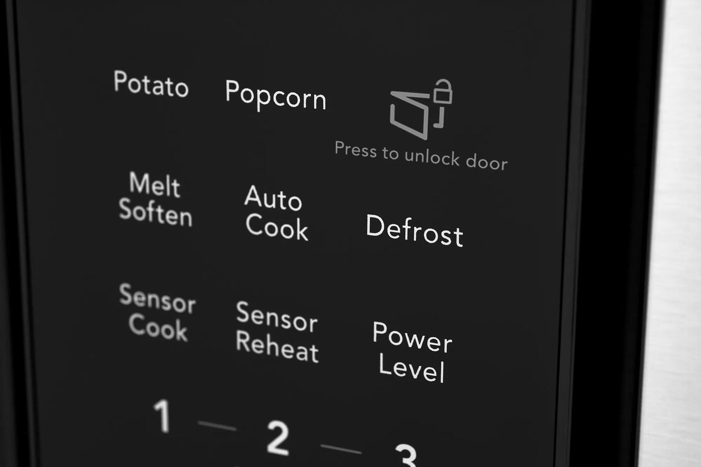 Close-up of digital control panel with cooking options on built-in microwave for kitchen appliances and home improvement