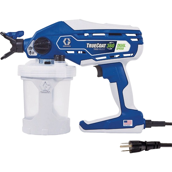 Blue and white handheld dual speed airless paint sprayer with attached paint container and power cord for home improvement tools